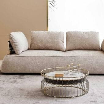 Exclusive Rugiano Melody sofa with woven metal armrests and backrests in light beige textured textile upholstery