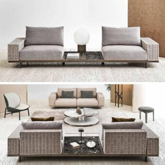 Exceptional Rugiano Memphis sofa with woven textured material and plush light gray fabric cushions supported by dark-toned wood