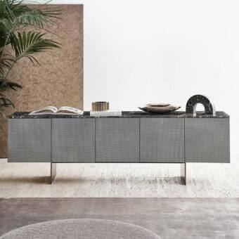 Distinguished Rugiano Penelope sideboard crafted with embroidered leathers, stylish brass details and a refined marble top in cool gray with textured finish