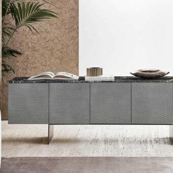 Exceptional Rugiano Penelope sideboard with gray embroidered leather doors and dark Emperador marble top built on a metal base