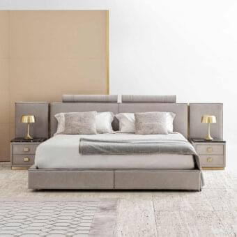 Exclusive Rugiano Rubik bed with light gray smooth textile and elegant gold-colored metal details
