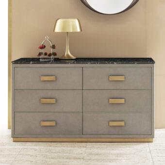 Distinguished Rugiano Rubik dresser with gray leather upholstery and black marble top built with brass details