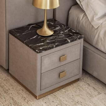 Exclusive Rugiano Rubik nightstand with light gray textile upholstery and dark stone marble top with white veining