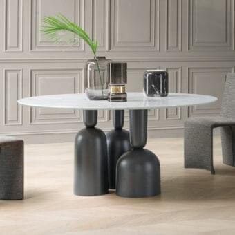 Innovative Bonaldo Cop table with a grey veined marble tabletop and dark grey painted metal base