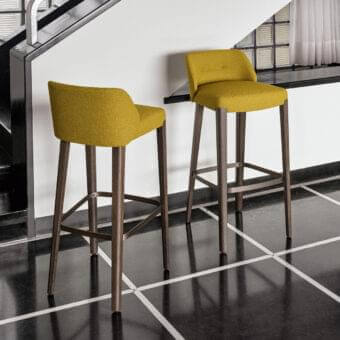 Superior Potocco Concha stool with enveloping mustard yellow backrest and solid oak frame in matte finish