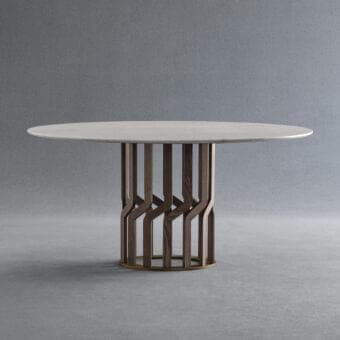 Distinctive Potocco Intreccio table with circular marble top and woven solid ash wood base crafted in medium-tone brown with gilded metal accents