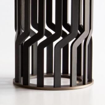 Distinguished Potocco Intreccio table with dark solid ash wood base and circular marble top in bronze finish
