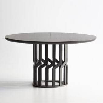 Distinguished Potocco Intreccio table with a circular top and base crafted from 14 shaped solid ash wood elements in a dark matte finish