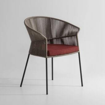 Exceptional Potocco Ola chair with wrapping hand-woven gray ribbon and reddish-brown polyurethane foam cushion supported by dark metal legs