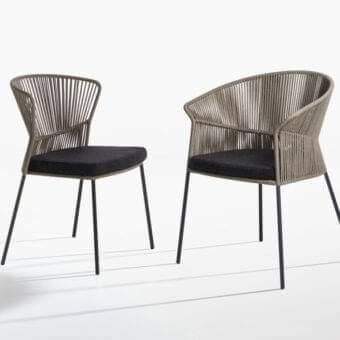 Distinguished Potocco Ola armchair with hand-woven ribbon backrest and dark textile cushion, built with slender metal rod legs