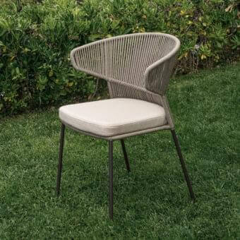 Distinguished Potocco Ola armchair with a hand-woven greyish-brown ribbon backrest and light beige outdoor fabric seat cushion built with dark brown metal legs