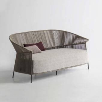 Distinctive Potocco Ola sofa with wrapping backrest hand-woven in matte finish “Fly” ribbon and dark burgundy cushion