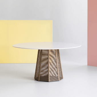 Elegant Potocco Sophie table with light tabletop and light brown “Gassa” nautical rope wrapped octagonal steel base with smooth finish