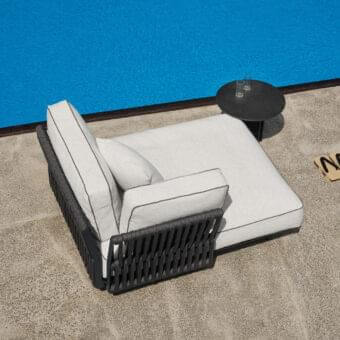 Superior Potocco Soul Lounger, a lounger with interwoven dark gray rope and light gray cushions accented with dark gray piping