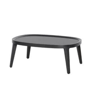 Distinguished Potocco Spring coffee table with a sleek oval tempered glass top and solid ash frame in a uniform dark finish