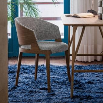 Exceptional Potocco Velis Wood armchair with Canaletto Walnut frame and speckled gray textured textile upholstery in satin finish
