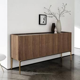 Exceptional Sovet Italia Madia Slim sideboard with Canaletto walnut veneer and refined ceramic top in brass or gold finish
