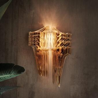 Captivating Slamp Aria wall lamp crafted in Italy with Lentiflex and Cristalflex, boasting a glossy gold finish