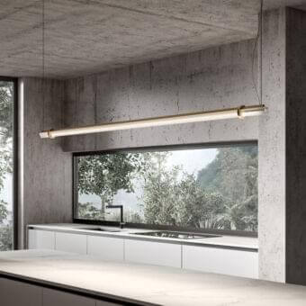Elegant VENICEM Optical Suspension lamp with burnished brass structure and smoke grey glass trihedron diffuser