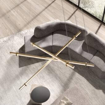 Exclusive VENICEM Optical Suspension lamp with burnished brass structure and crystal diffusers emitting a golden hue