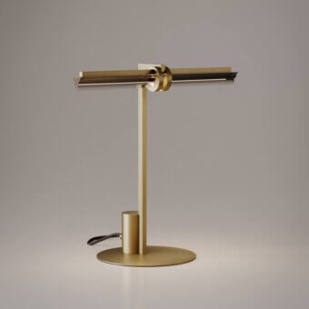 Superior VENICEM Optical table lamp in natural burnished brass with a smoke grey crystal triangular trihedron diffuser
