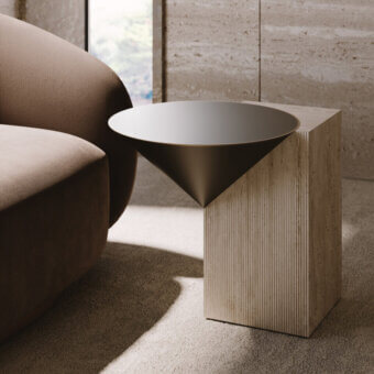 Innovative VENICEM Rock coffee table with cylindrical open pore striped travertine marble and conical dark burnished metal surface