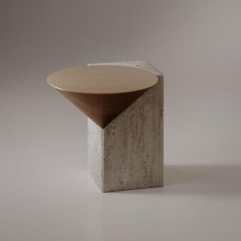 Innovative VENICEM Rock coffee table built in striped travertine marble with a warm golden-bronze metal top and slightly concave finish