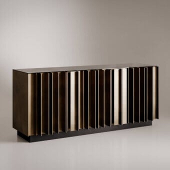Exceptional VENICEM Serge sideboard crafted with matt black lacquered body and reeded golden-bronze aluminum profiles with bronze antique mirror