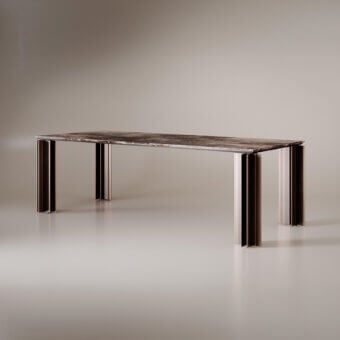 Distinctive VENICEM Serge table with round open pore striped travertine marble and dark bronze striped metal legs