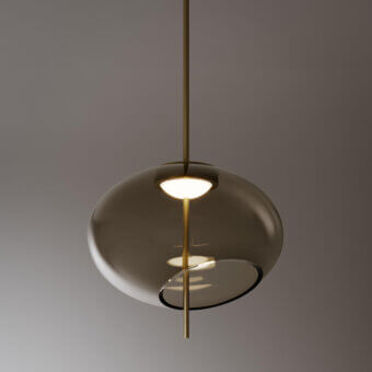 Elegant VENICEM Trou suspension lamp with organically shaped smoky brown blown glass and light burnished brass structure