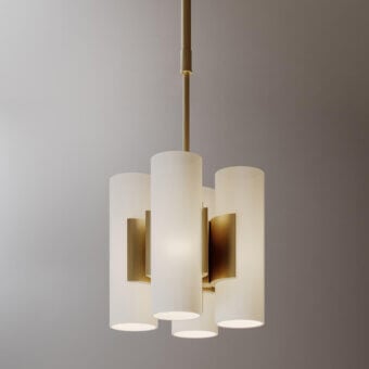 Refined VENICEM suspension lamp with light burnished brass metal and four white polished glass diffusers crafted in a geometric silhouette