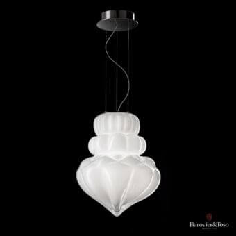 Exclusive Barovier&Toso Vallonné Opale suspension lamp crafted in opaline white Venetian crystal with a glossy, multi-tiered silhouette