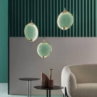 Superior Masiero Horo suspension lamp with pale green glass encased in a glossy golden finish metal structure