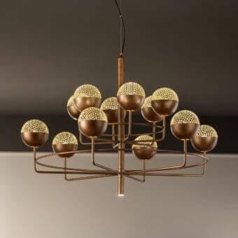 Sophisticated Masiero Iglù chandelier with a metal structure, bronze finish and golden accents within metal mesh diffusers