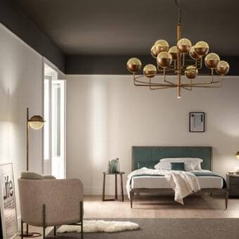 Exceptional Masiero Iglù chandelier with a brushed patina metal structure and intricate gold mesh diffusers in bronze tones