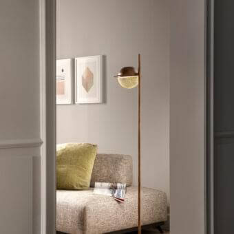 Distinguished Masiero Iglù floor lamp with spherical form and refined metal mesh diffuser in brushed bronze-like patina metal