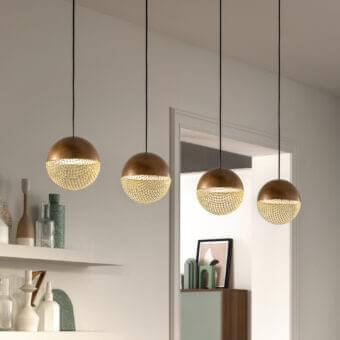 Exclusive Masiero Iglù suspension lamp with a metal mesh diffuser in matt gold and smooth bronze finish