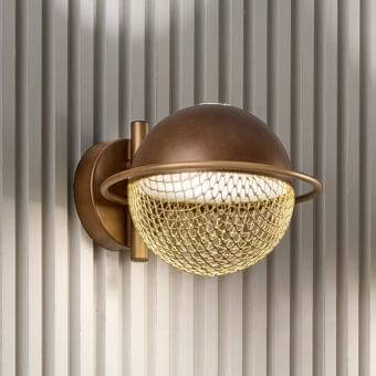 Exclusive Masiero Iglù wall lamp with brushed patina metal and matt gold metal mesh diffuser crafted in bronze tones