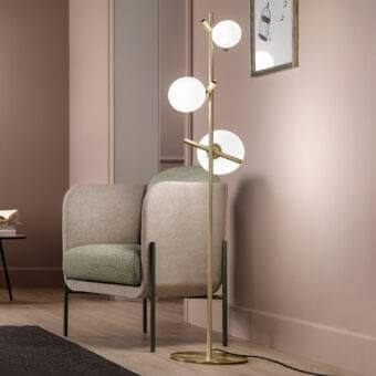 Elegant Masiero Posy floor lamp with a brass metal structure and triplex opal white Murano glass diffusers emitting balanced light