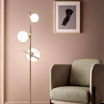 Distinguished Masiero Posy floor lamp with triplex opal white Murano glass diffusers in a satin brass-like metal structure