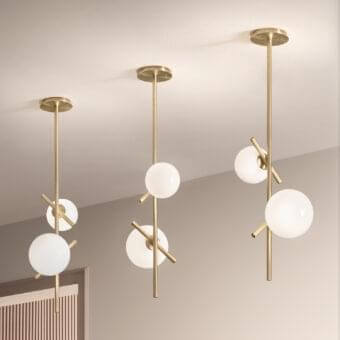 Elegant Masiero Posy Vert suspension lamp with brass-toned metal and triplex opal white Murano glass diffusers in a matte finish