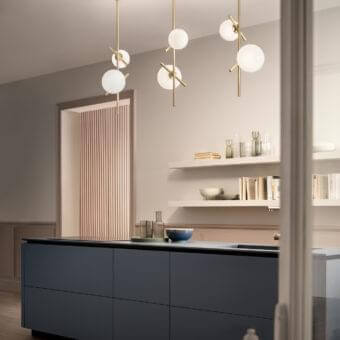Captivating Masiero Posy Vert suspension lamp with a golden galvanic metal structure and two triplex opal white Murano glass diffusers