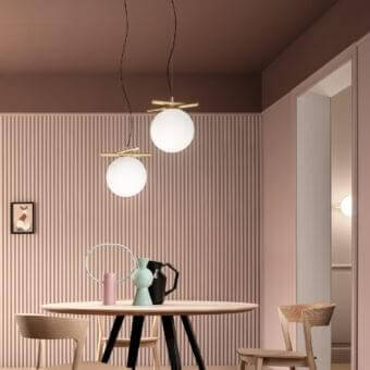 Exclusive Masiero Posy suspension lamp with spherical Murano glass diffuser and brass-colored metal structure