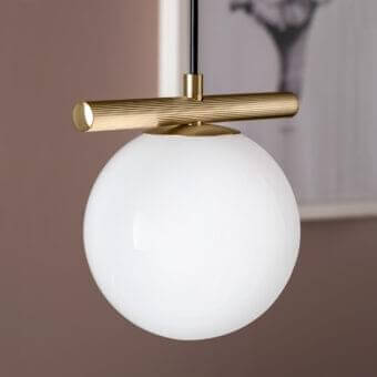 Distinguished Masiero Posy suspension lamp with triplex opal white Murano glass and golden galvanic metal structure connected to black cylindrical support