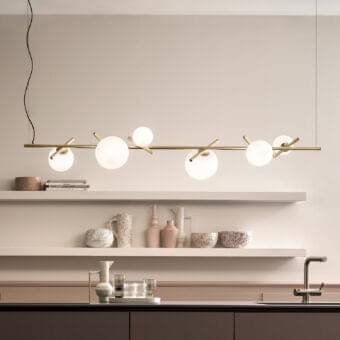 Elegant Masiero Posy Bil suspension lamp with refined metal structure and opal white Murano glass diffusers in brass finish