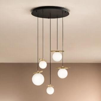Superior Masiero Posy suspension lamp with triplex opal white Murano glass diffusers and gold-toned metal structure