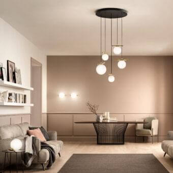 Exclusive Masiero Posy suspension lamp with refined metal structure and luxury triplex opal white Murano glass diffusers in asymmetrical arrangement