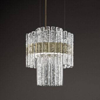 Innovative Masiero Vegas DB suspension lamp with rock-effect glass strips and gold-toned metal bands crafted in a cylindrical tiered form