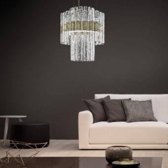 Captivating Masiero Vegas DB suspension lamp with tiered clear textured rock-effect glass and gold-toned metallic band