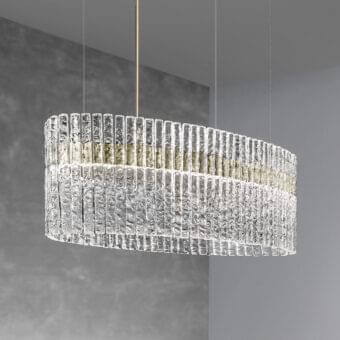 Elegant Masiero Vegas Ovale suspension lamp with a metal structure and refined rock-effect glass strips in golden tones